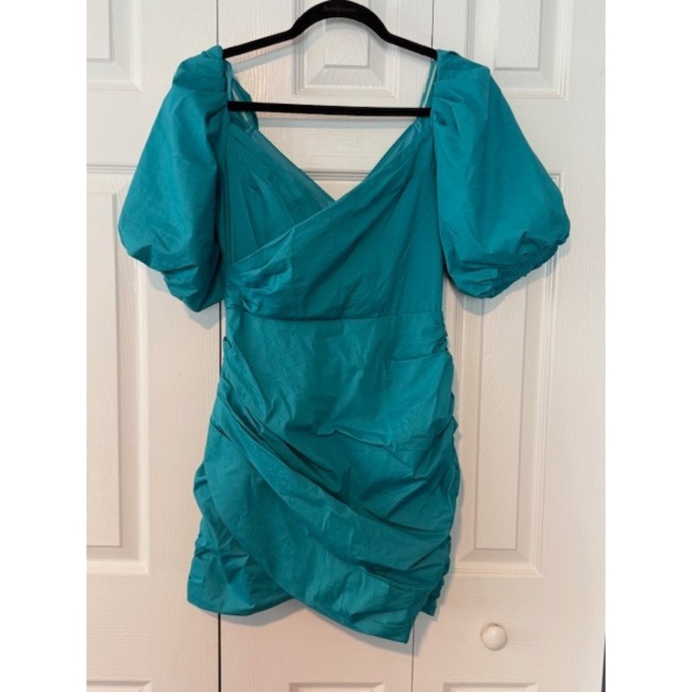 Do+BE Ruched Puff Sleeve Mini Dress M Teal Surplice Neck Cotton NWT Date Night
